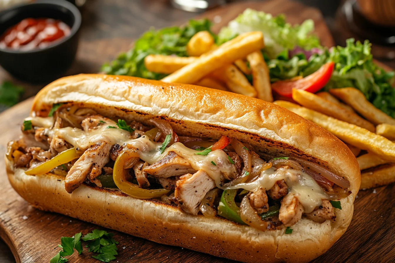 Chicken Philly Cheese Steak with tender chicken, sautéed onions, bell peppers, and melted cheese in a toasted hoagie roll, served with fries and salad.