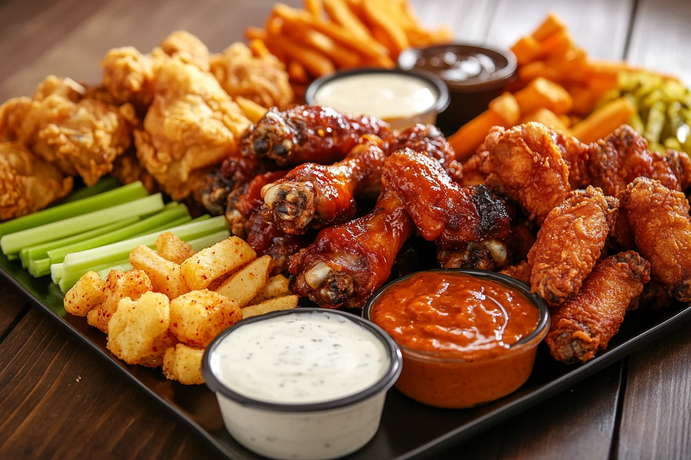 A platter of assorted chicken wings showcasing different flavors, including Buffalo, BBQ, garlic parmesan, Korean fried, lemon pepper, and honey mustard. The wings are arranged with dipping sauces, celery sticks, carrot slices, and side dishes like fries and cornbread, presented on a rustic wooden table with warm, inviting lightin