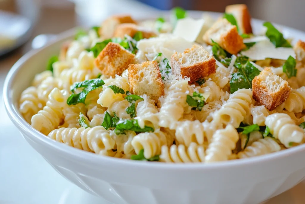Caesar Pasta Salad 7 A bowl of Caesar pasta salad placed on a modern white kitchen countertop, close-up shot showing creamy rotini pasta, fresh romaine, Parmesan shavings, and golden croutons
