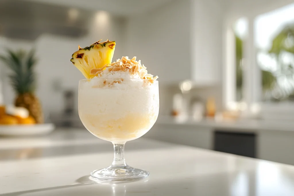 Pineapple Mocktail 14 A frozen pineapple coconut slush mocktail in a chilled glass with toasted coconut flakes and a pineapple wedge, served on a modern white kitchen countertop