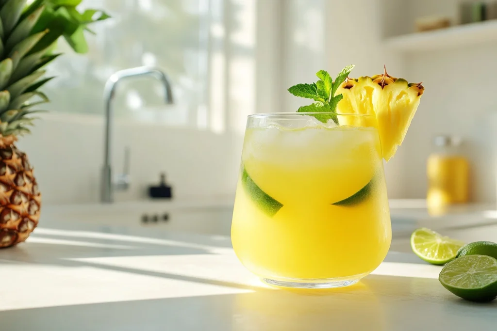 Pineapple Mocktail 10 A refreshing pineapple mocktail in a clear glass with lime and mint on a modern white kitchen countertop