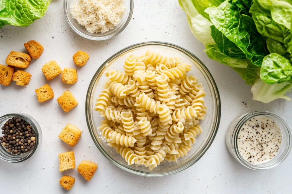 Caesar Pasta Salad 8 lay of Caesar pasta salad ingredients
